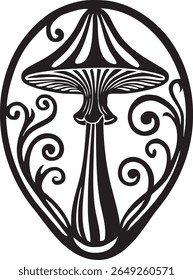 Mushroom with decorative swirls in oval frame. Black and white vector illustration isolated on white background. Botanical mushroom and nature ornament concept for tattoo and print design. Design for 