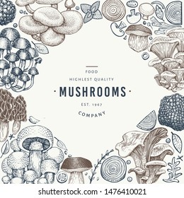 Mushroom design template. Hand drawn vector food illustration. Engraved style. Retro mushrooms different kinds background.