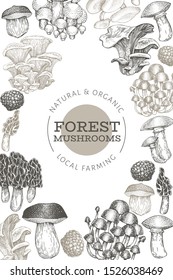 Mushroom design template. Hand drawn vector food illustration. Engraved style. Vintage mushrooms different kinds background.