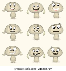 Mushroom in different moods, healthy food concept with cartoon facial expressions. 