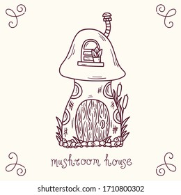 Mushroom doodle line house fairy tale vector illustration