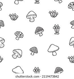 Mushroom doodle seamless pattern with black and white color. Set of cute mushroom doodle illustration