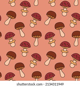 Mushroom Doodle Seamless Pattern Colored Vector. Texture For Background, Print, Menu, Packaging, Book.