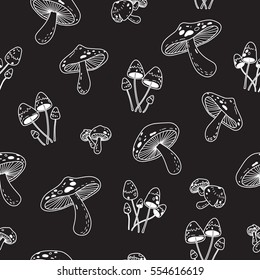 Mushroom doodle vector Seamless Pattern wallpaper background black
