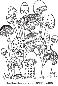 Mushroom doodles vector for coloring book. Isolated illustration on white background.