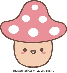Mushroom with dotted cap and happy face, round eyes, blush cheeks, and clean outline. Symbol of joy, nature, and positivity for kids content and branding. Cartoon vector illustration.