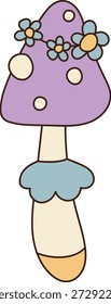 Mushroom with dotted cap and ringed stem adorned with flower garland, outlined with bold lines. Symbol of retro vibe, fantasy, nostalgia, and nature charm. Cartoon vector illustration.