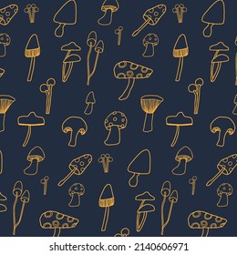 Mushroom drawing illustration pattern. Orange line with navy blue background. Vector illustration. Pattern in swatches.