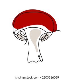Mushroom drawn in one continuous line with abstract color shape . Editable line. Isolated logo, icon in a minimalist style
