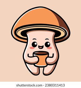 Mushroom drinking coffee illustration. Mushroom with smiling face holding a mug. Cottagecore and Fall season aesthetic cute flat design. Minimalist vector drawing for print products.