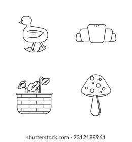 Mushroom, duck, eggplant simple linear icons set. Outline vector illustration.