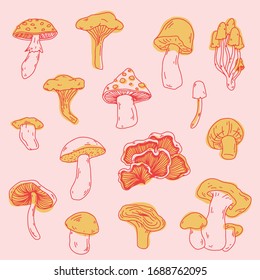 Mushroom duo tone vector fall clip art set. Autumn  mood isolated icon collection, print, banner, poster, greeting card design element