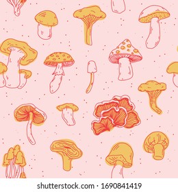 Mushroom duo tone vector fall seamless repeated pattern. Autumn  mood modern wallpaper, fabric, surface design, endless print.