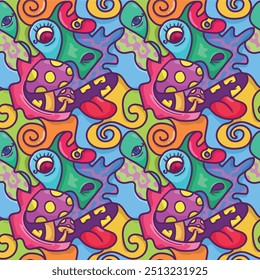 mushroom eater moster concept. unique abstract colorfull acid psychedelic. abstract repeatable seamless patern vector illustration