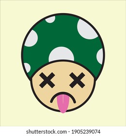 Mushroom emoticon with dizzy face. Green color, simple and unique