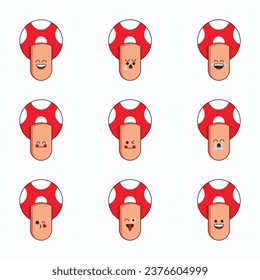 Mushroom emoticons icon set. Emoji faces collection. Emoji flat style. Happy and mushroom emoji.