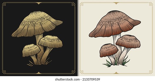 Mushroom with engraving, hand drawn, luxury, celestial, esoteric, boho style, fit for spiritualist, religious, paranormal, tarot reader, astrologer or tattoo