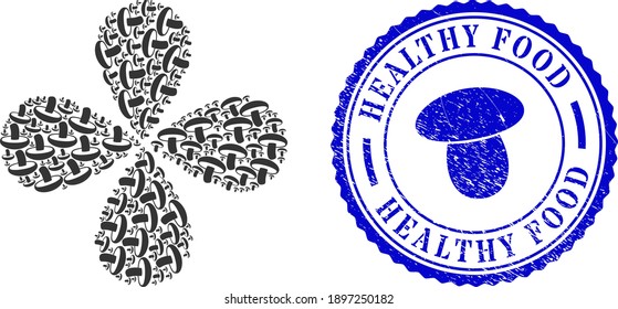 Mushroom exploding abstract flower, and blue round HEALTHY FOOD scratched seal with icon inside. Element flower with 4 petals created from oriented mushroom items. Vector flower collage in flat style.