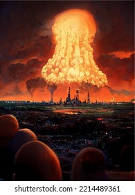 Mushroom from the explosion of a nuclear bomb over the city. Nuclear war in the world. End of the world.