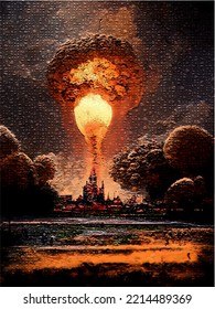 Setas de la explosión de una bomba nuclear sobre la ciudad. Guerra nuclear en el mundo. Fin del mundo.