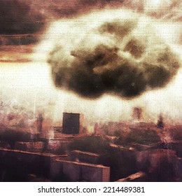 Setas de la explosión de una bomba nuclear sobre la ciudad. Guerra nuclear en el mundo. Fin del mundo.