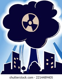Pilz aus der Explosion einer Atombombe über der Stadt. Atomkrieg in der Welt. Ende der Welt.