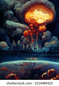 Mushroom from the explosion of a nuclear bomb over the city. Nuclear war in the world. End of the world.