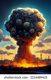 Pilz aus der Explosion einer Atombombe über der Stadt. Atomkrieg in der Welt. Ende der Welt.