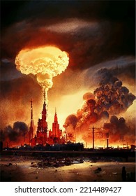 Pilz aus der Explosion einer Atombombe über der Stadt. Atomkrieg in der Welt. Ende der Welt.
