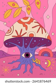 Mushroom with eye, branch with leaves and colorful acid background. Vector in flat style, trippy or abstract psychedelic posters with stars and moon. Oldschool decoration and retro design