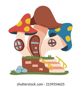 Mushroom fairy house for gnome and elf vector cartoon illustration isolated on background.