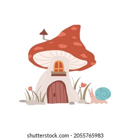 Casa de hadas hongos de gnome o hada, ilustración vectorial de dibujos planos aislados en fondo blanco. Fantasía casa de unos pequeños moradores en forma de setas.