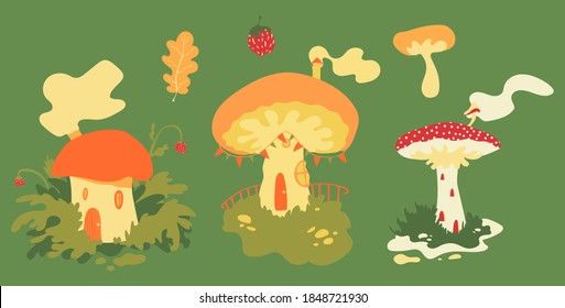 Mushroom fairy village vector illustration set with cute and cozy mushroom houses, strawberry and oak leaves in warm autumnal colors. Collection, autumnal illustration, for kids