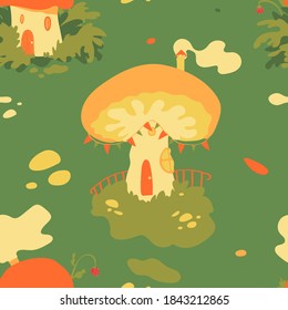 Mushroom fairy village vector seamless pattern with cute mushroom houses in warm autumnal colors