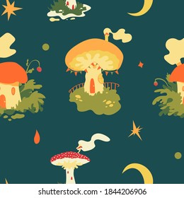 Mushroom fairy village vector seamless pattern with cute mushroom houses, moon and stars in warm autumnal colors on dark turquoise background