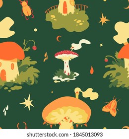 Mushroom fairy village vector seamless pattern with cute mushroom houses, moth, stag beetle, moon and stars in warm autumnal colors on dark green background. Fairytale mushrooms, insects, magic autumn