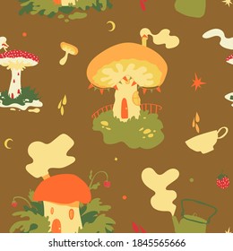 Mushroom fairy village vector seamless pattern with cute mushroom houses, tea kettle, cup, moon and stars in warm autumnal colors on light brown background