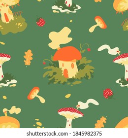 Mushroom fairy village vector seamless pattern with cute mushroom houses, strawberry and oak leaves in warm autumnal colors on green background