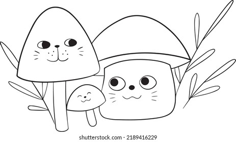 The Mushroom Family Cats Cute Line Art