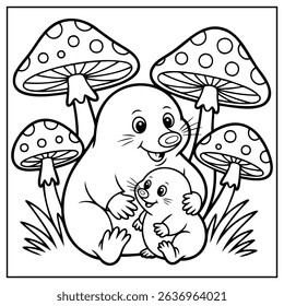 Mushroom family coloring page. Black and white vector illustration.