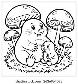 Mushroom family coloring page. Black and white vector illustration.