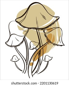 Mushroom family honey agaric in line art style on a gray background. Vector hand-drawn illustration. Isolated elements on a white background.