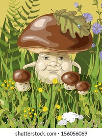 mushroom family on the grass