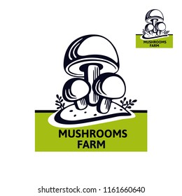 Mushroom farm logo is an excellent template highly suitable for company. Graphic Logo for edibles mushroom of natural food. Champignon mushroom vector illustration label. Emblem design bio farm
