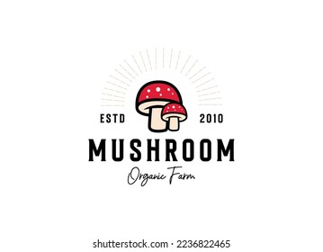 mushroom farm logo vintage vector illustration design, champignon mushroom logo design