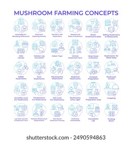 Iconos de concepto de gradiente azul de cultivo de hongos. Funicultura. Condiciones de cultivo interior. la agricultura de Vertical. Agroindustria. Paquete de iconos. Imágenes vectoriales. Ilustraciones de forma redonda. idea Abstractas