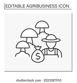 Mushroom farming line icon. Agronomists raising different mushrooms for market sale. Profitable business. Agribusiness concept. Isolated vector illustration. Editable stroke