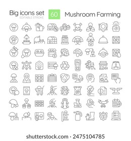 Pilzzucht lineare Symbole gesetzt. Essbare Pilze. Pilzsuche und Identifikation. Landwirtschaftliche Techniken. Anpassbare Symbole für dünne Linien. Gliederungsabbildungen isolierter Vektorgrafiken. Bearbeitbarer Strich