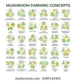 Iconos de concepto multicolor de cultivo de hongos. Funicultura. Condiciones de cultivo interior. la agricultura de Vertical. Agroindustria. Paquete de iconos. Imágenes vectoriales. Ilustraciones de forma redonda. idea Abstractas