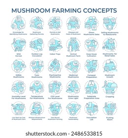 Iconos de concepto azul suave de cultivo de hongos. Funicultura. Condiciones de cultivo interior. la agricultura de Vertical. Agroindustria. Paquete de iconos. Imágenes vectoriales. Ilustraciones de forma redonda. idea Abstractas